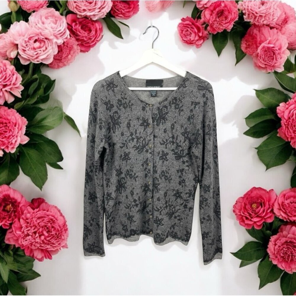 ** Cynthia Rowley 100% Cashmere Grey Floral Classic Fit Cardigan Sweater Size M